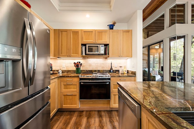 8200 Neely Dr Unit 119, Austin, TX 78759 - kitchen featuring appliances with stainless steel finishes, a raised ceiling, dark wood-style floors, tasteful backsplash, and recessed lighting