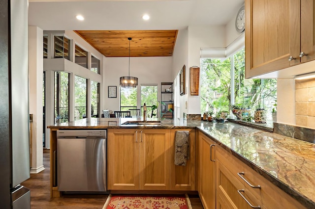 8200 Neely Dr Unit 119, Austin, TX 78759 - kitchen featuring dishwasher, wood ceiling, a peninsula, dark wood-style floors, and dark stone countertops