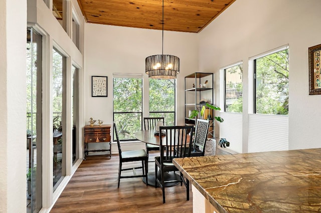 8200 Neely Dr Unit 119, Austin, TX 78759 - dining space featuring wooden ceiling, a high ceiling, dark wood-style flooring, and a chandelier