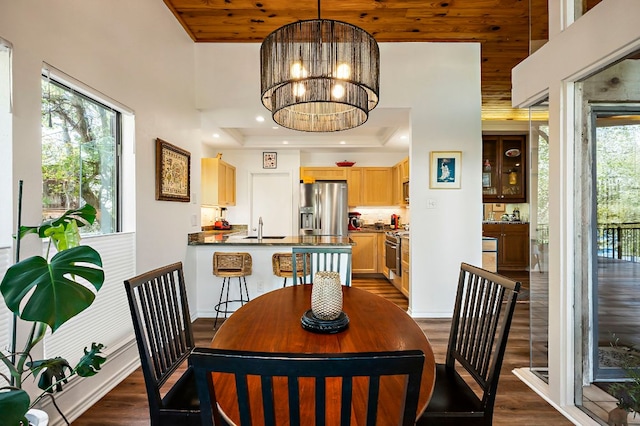 8200 Neely Dr Unit 119, Austin, TX 78759 - dining space with dark wood-style flooring, a chandelier, and a high ceiling
