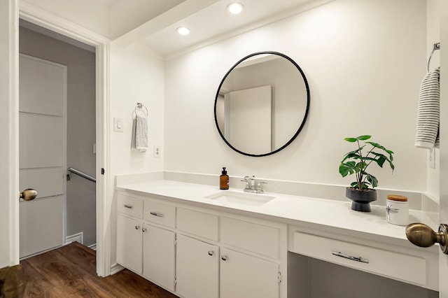 8200 Neely Dr Unit 119, Austin, TX 78759 - bathroom with vanity, wood finished floors, and recessed lighting