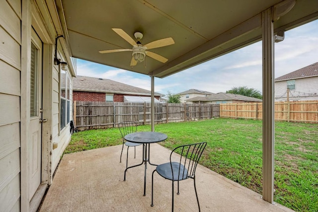 3417 Tralagon Trl, Pflugerville, TX 78660 - fenced backyard with a patio and a ceiling fan