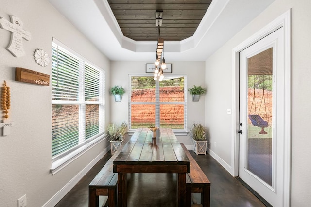 102 Moku Ct, Bastrop, TX 78602 - dining area featuring a raised ceiling, plenty of natural light, wooden ceiling, and finished concrete flooring