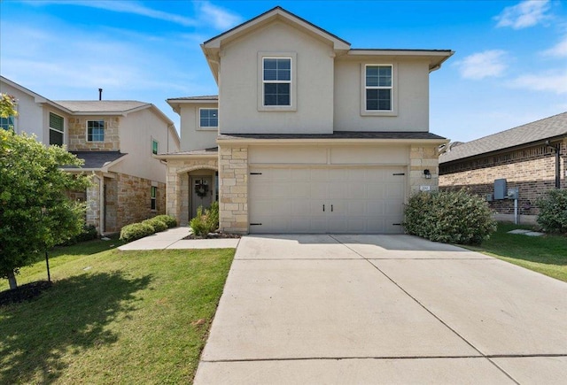 200 Mais Dr, Georgetown, TX 78626 - traditional-style home with stone siding, an attached garage, driveway, stucco siding, and a front lawn