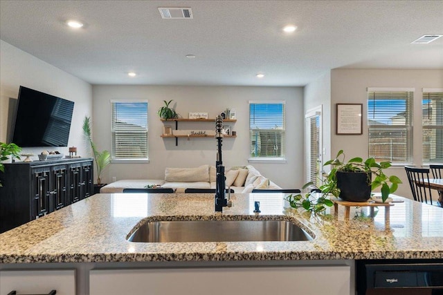 200 Mais Dr, Georgetown, TX 78626 - kitchen featuring open floor plan, light stone countertops, recessed lighting, and dishwashing machine