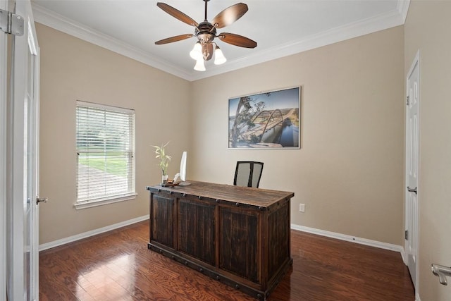25 Falling Oaks Trl, The Hills, TX 78738 - office space featuring a ceiling fan, dark wood-type flooring, and ornamental molding