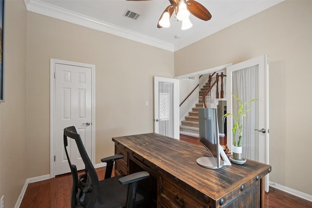 25 Falling Oaks Trl, The Hills, TX 78738 - home office featuring ceiling fan, ornamental molding, and dark wood-style flooring