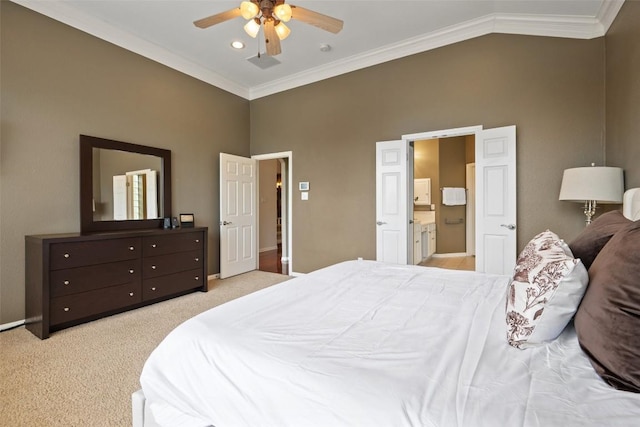 25 Falling Oaks Trl, The Hills, TX 78738 - bedroom with crown molding, high vaulted ceiling, carpet, and a ceiling fan
