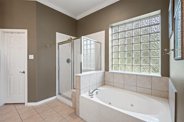25 Falling Oaks Trl, The Hills, TX 78738 - bathroom featuring a stall shower, a tub with jets, tile patterned floors, and crown molding