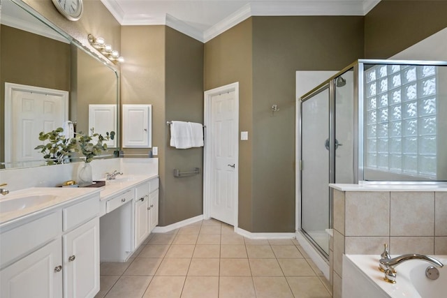 25 Falling Oaks Trl, The Hills, TX 78738 - full bathroom featuring double vanity, a shower stall, a garden tub, crown molding, and tile patterned floors