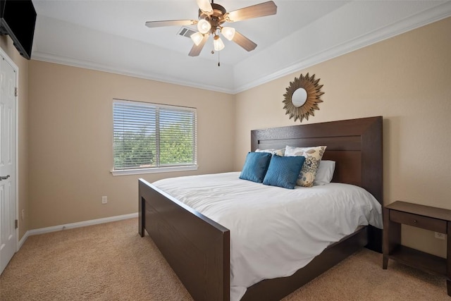 25 Falling Oaks Trl, The Hills, TX 78738 - bedroom with light carpet, a tray ceiling, a ceiling fan, and crown molding
