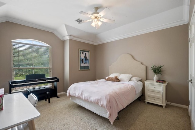 25 Falling Oaks Trl, The Hills, TX 78738 - bedroom featuring carpet floors, a ceiling fan, lofted ceiling, and ornamental molding