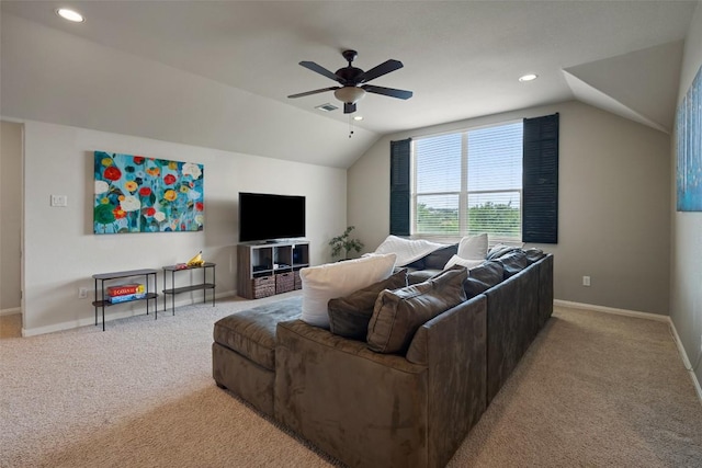 25 Falling Oaks Trl, The Hills, TX 78738 - living room featuring lofted ceiling, carpet, ceiling fan, and recessed lighting
