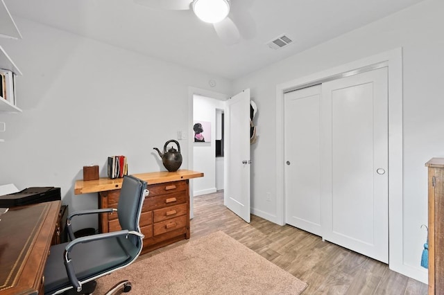 9710 Curlew Dr, Austin, TX 78748 - office area featuring a ceiling fan and light wood-style floors