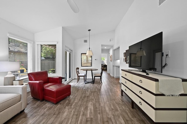 9710 Curlew Dr, Austin, TX 78748 - living room with wood finished floors and high vaulted ceiling