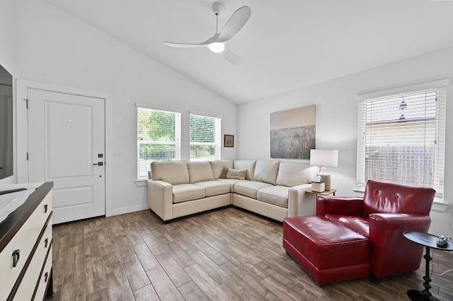 9710 Curlew Dr, Austin, TX 78748 - living area with wood finished floors, a ceiling fan, and high vaulted ceiling