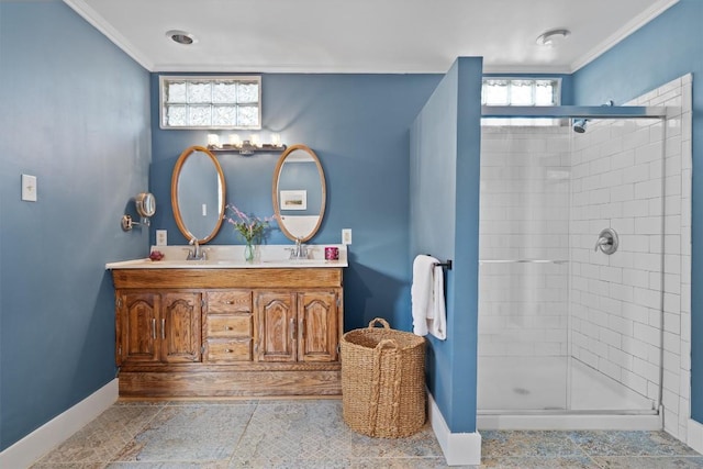 4604 Rue St, Austin, TX 78731 - full bathroom with crown molding, a shower stall, and double vanity