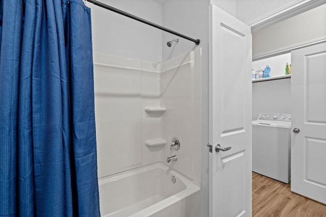2416 Nightview Dr, Pflugerville, TX 78660 - full bath with washer / dryer, shower / bath combination with curtain, and wood finished floors
