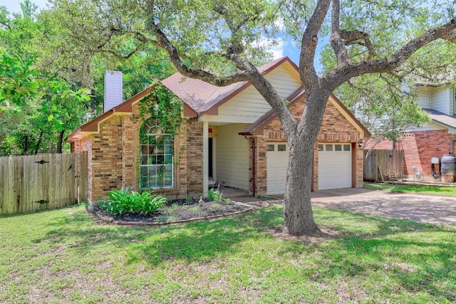 5907 Shanghai Pierce Rd, Austin, TX 78749 - view of front of house with brick siding, driveway, a garage, and a chimney