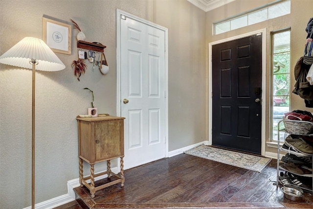 5907 Shanghai Pierce Rd, Austin, TX 78749 - entryway with dark wood-style flooring, ornamental molding, and a textured wall