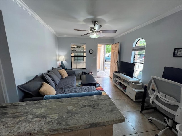 407 E 45th St Unit 108, Austin, TX 78751 - living area featuring crown molding, ceiling fan, and light tile patterned flooring