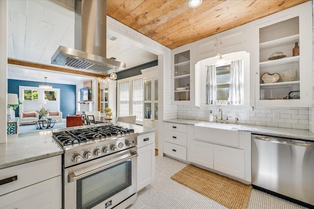 510 E 38th St, Austin, TX 78705 - kitchen with stainless steel appliances, wooden ceiling, ventilation hood, glass insert cabinets, and white cabinetry