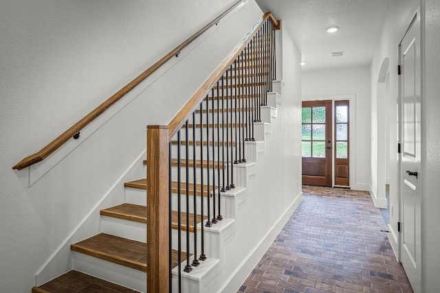 182 W Torrey St, New Braunfels, TX 78130 - stairway featuring brick flooring and recessed lighting