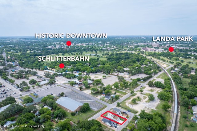 182 W Torrey St, New Braunfels, TX 78130 - aerial view of property and surrounding area featuring property boundaries highlighted