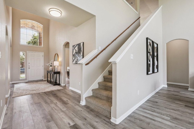 212 Boone Valley Dr, Round Rock, TX 78664 - entryway featuring arched walkways, a high ceiling, wood finished floors, and stairway