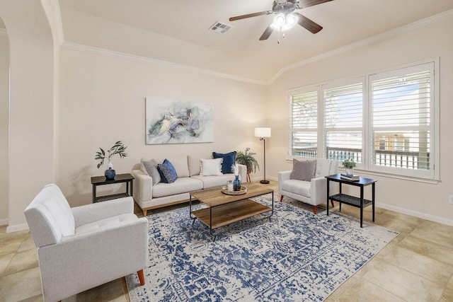 1200 Falling Hills Dr, Georgetown, TX 78628 - living area featuring crown molding, a ceiling fan, lofted ceiling, light tile patterned flooring, and arched walkways