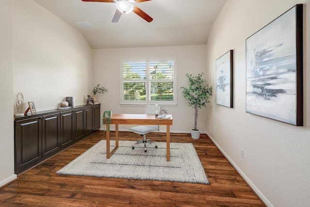 1200 Falling Hills Dr, Georgetown, TX 78628 - office space featuring ceiling fan, vaulted ceiling, and dark wood-style flooring
