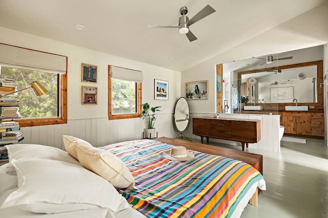 5204 Cueva Dr, Austin, TX 78738 - bedroom featuring wainscoting, vaulted ceiling, and ceiling fan