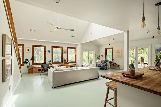 5204 Cueva Dr, Austin, TX 78738 - living area with a ceiling fan, lofted ceiling, and french doors
