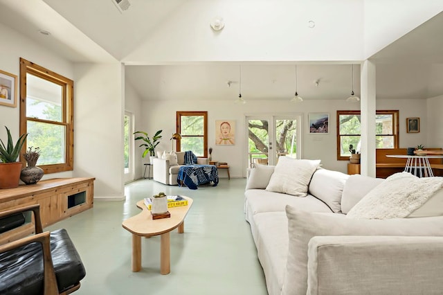 5204 Cueva Dr, Austin, TX 78738 - living room with vaulted ceiling and concrete floors