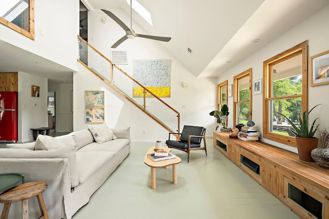 5204 Cueva Dr, Austin, TX 78738 - living room featuring high vaulted ceiling, stairway, and ceiling fan