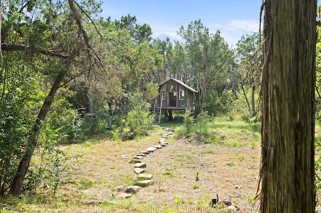 5204 Cueva Dr, Austin, TX 78738 - view of yard featuring an outdoor structure and a forest view