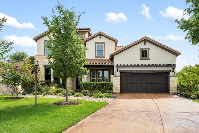 105 Curacao Ct, Austin, TX 78738 - mediterranean / spanish-style home featuring stone siding, driveway, a front yard, and a tile roof