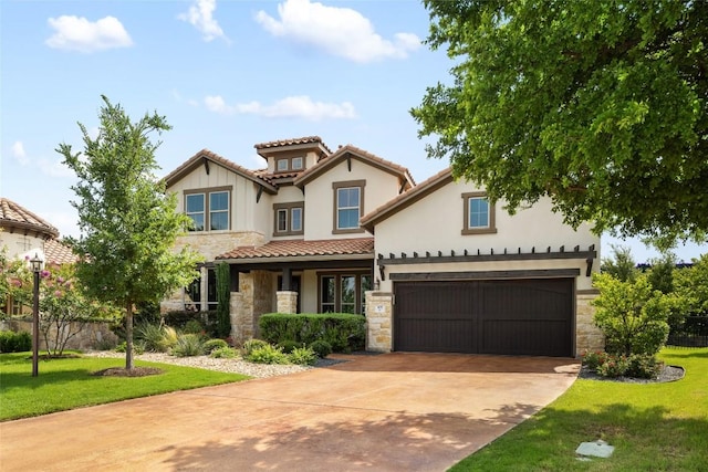 105 Curacao Ct, Austin, TX 78738 - mediterranean / spanish house with stone siding, concrete driveway, and a front lawn