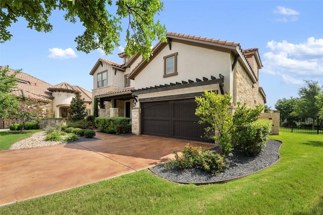 105 Curacao Ct, Austin, TX 78738 - mediterranean / spanish-style house with stone siding, driveway, a tile roof, stucco siding, and a garage