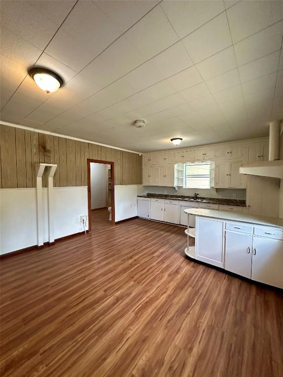 121 Wyers Pl, Cedar Creek, TX 78612 - kitchen with white cabinets, dark wood finished floors, and wood walls