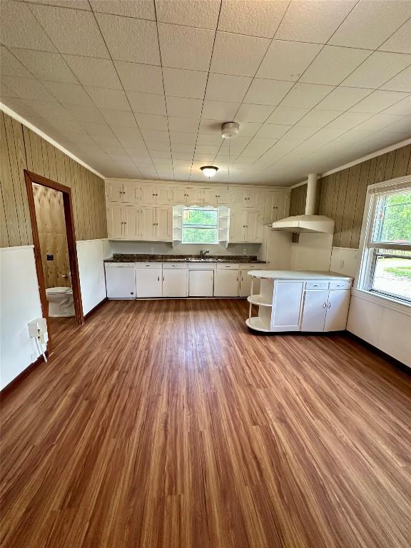 121 Wyers Pl, Cedar Creek, TX 78612 - kitchen with open shelves, white cabinetry, wall chimney range hood, dark wood-style flooring, and dark countertops