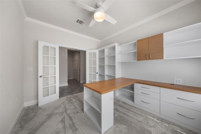 14 Acacia Way, Georgetown, TX 78633 - unfurnished office with french doors, ornamental molding, light colored carpet, and ceiling fan