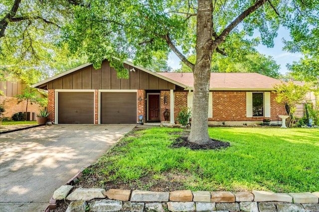 1321 Warrington Dr, Austin, TX 78753 - single story home with an attached garage, concrete driveway, brick siding, board and batten siding, and a front lawn