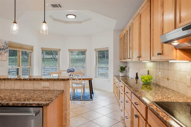 211 E Creek Dr, Dripping Springs, TX 78620 - kitchen with black electric cooktop, a raised ceiling, light tile patterned flooring, dark stone counters, and backsplash