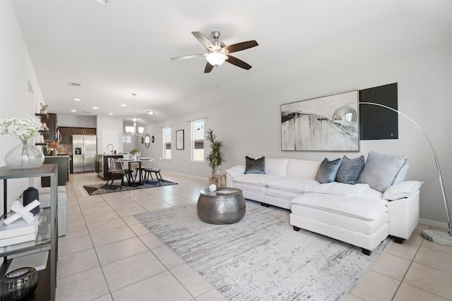2010 Grow Ln, Austin, TX 78754 - living room featuring light tile patterned flooring, ceiling fan, and recessed lighting