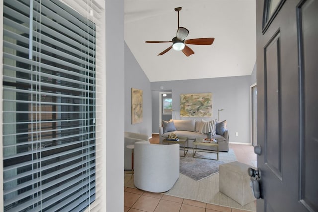 12307 Emery Oaks Rd, Austin, TX 78758 - living room with tile patterned flooring, ceiling fan, and high vaulted ceiling
