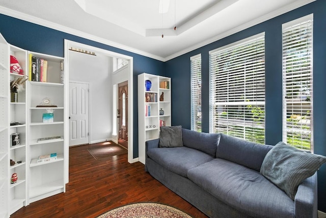 12532 Labrador Cv, Austin, TX 78729 - living room with healthy amount of natural light, wood finished floors, a raised ceiling, and crown molding