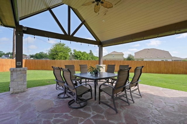 21506 Greylag Dr, Pflugerville, TX 78660 - fenced backyard featuring a gazebo, a patio, outdoor dining space, and a ceiling fan