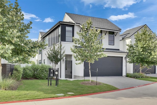 6702 Adeline Way Unit 34, Austin, TX 78746 - contemporary house featuring a garage, stucco siding, concrete driveway, and a front yard