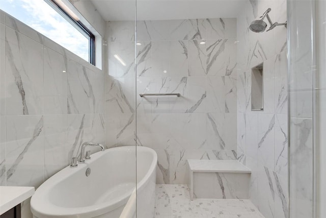 6702 Adeline Way Unit 34, Austin, TX 78746 - bathroom featuring tile walls, a freestanding bath, a tile shower, and vanity